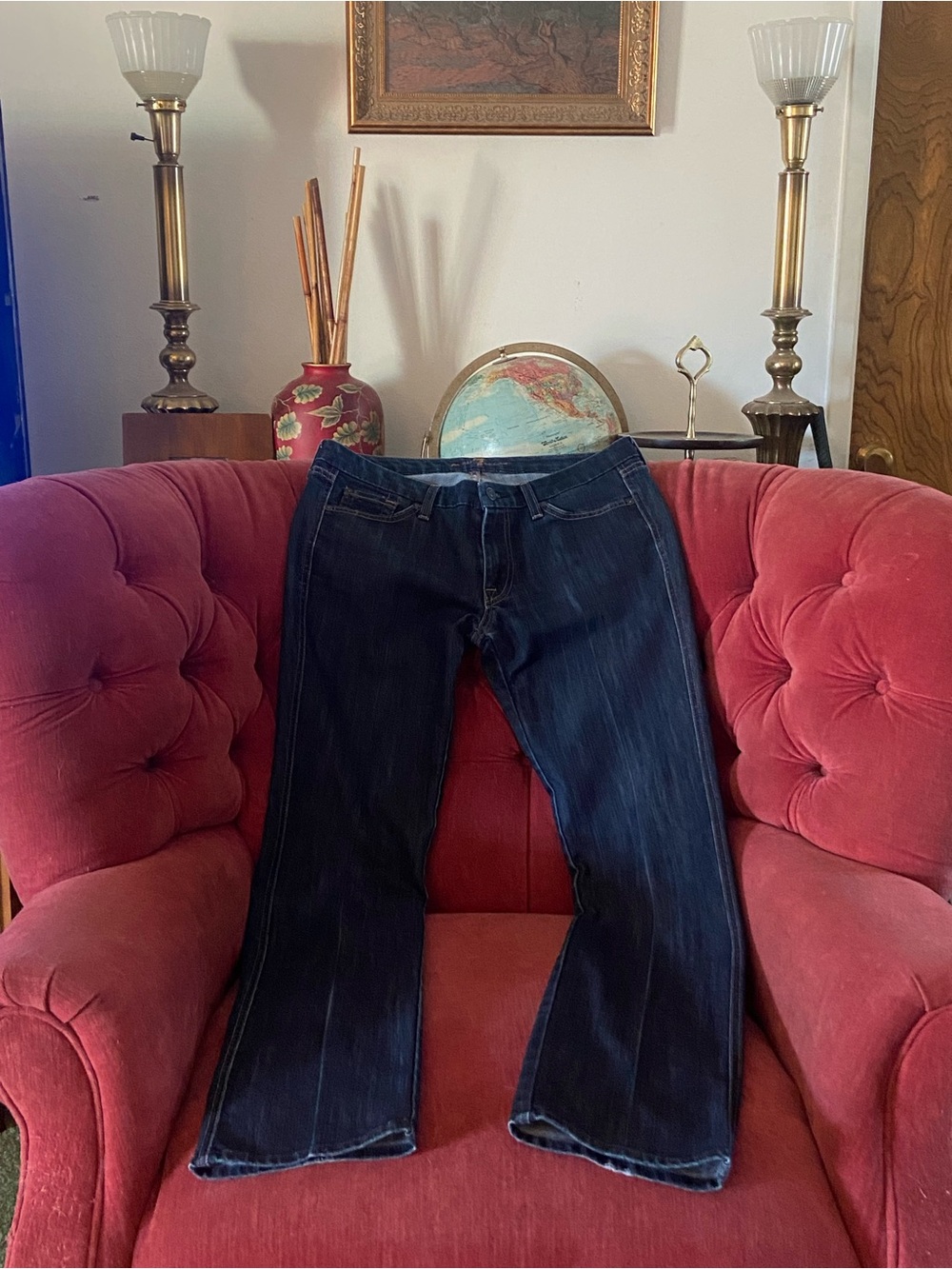 7 For All Mankind Dark Blue Straight Leg Jeans with Contrast Stitching - Picture 2 of 9